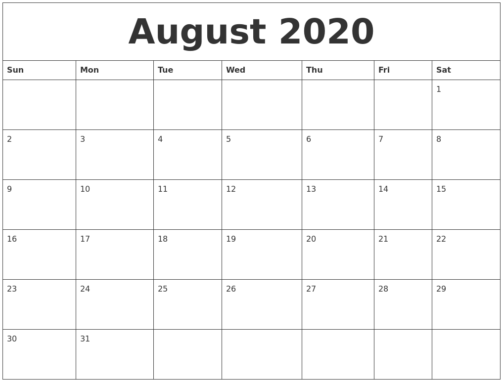 August 2020 Calendar Pdf, Word, Excel Template