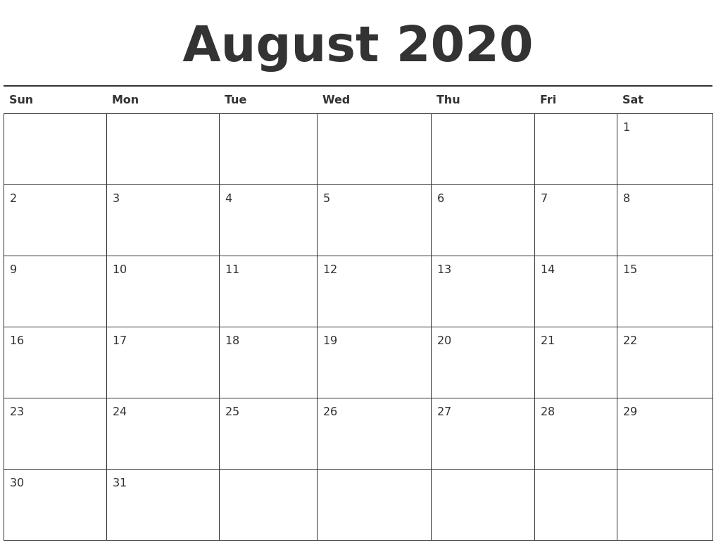 August 2020 Calendar Printable