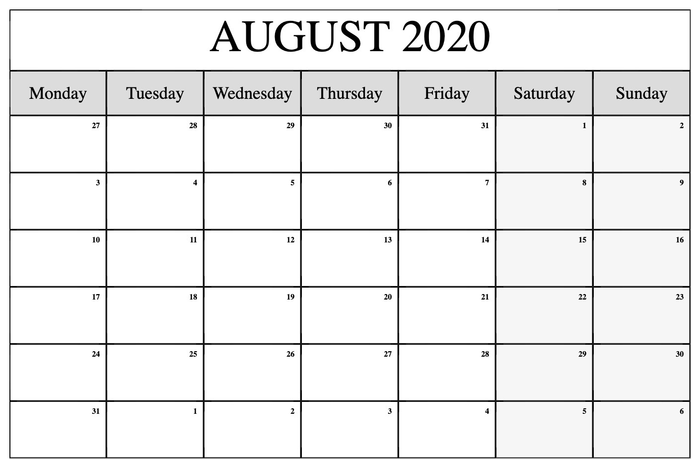 August To December Calendar Template 2020 | Example Calendar Printable