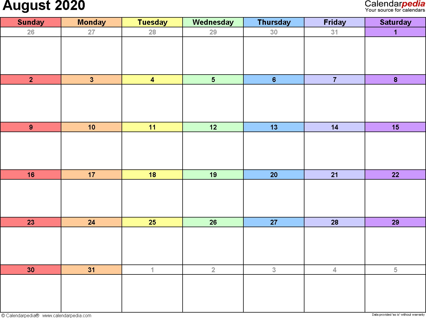 August 2020 Calendars For Word, Excel &amp; Pdf