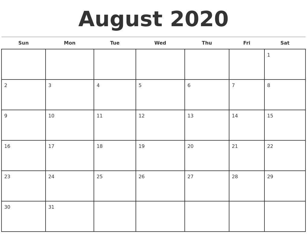 August 2020 Monthly Calendar Template