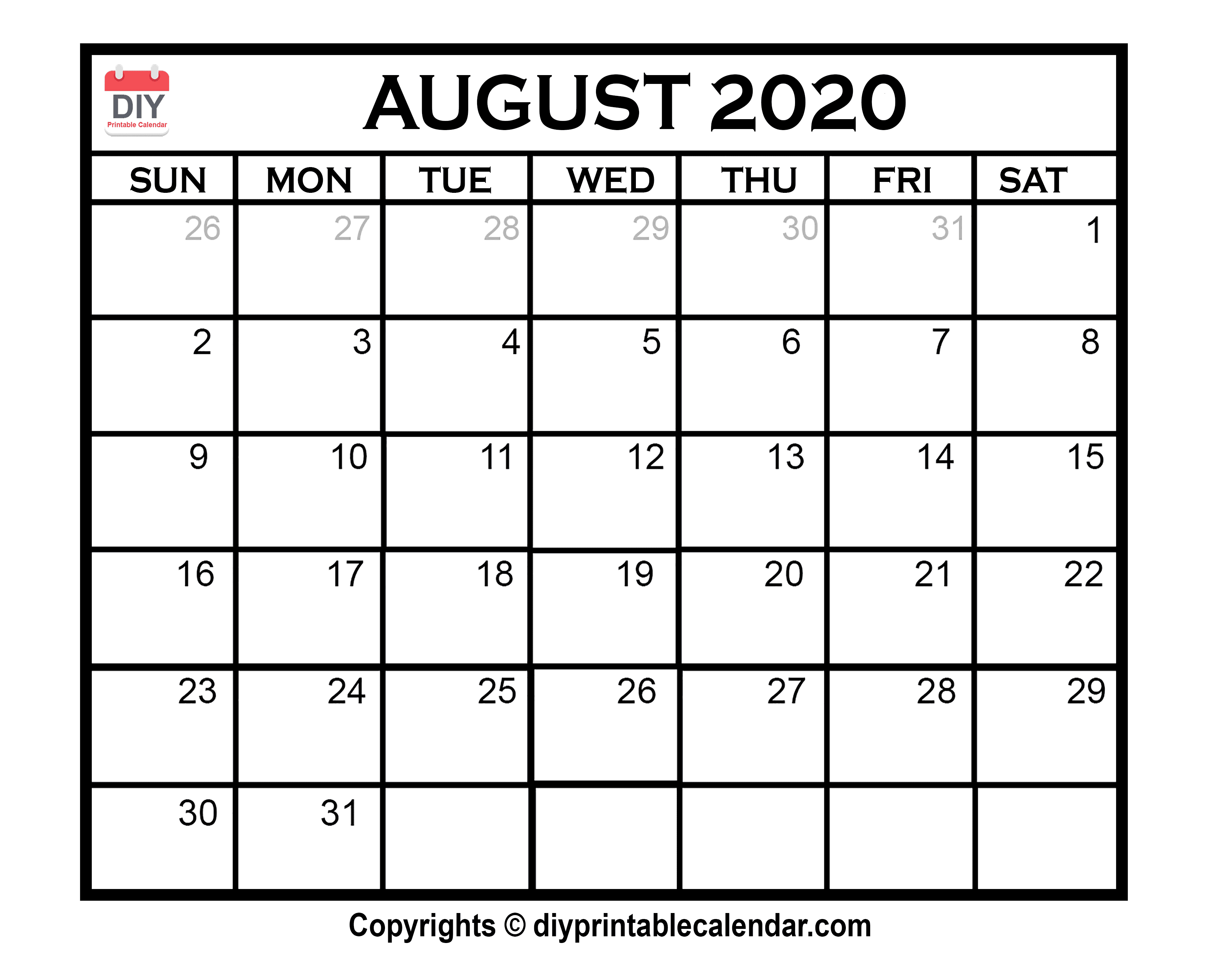 August 2020 Printable Calendar Template