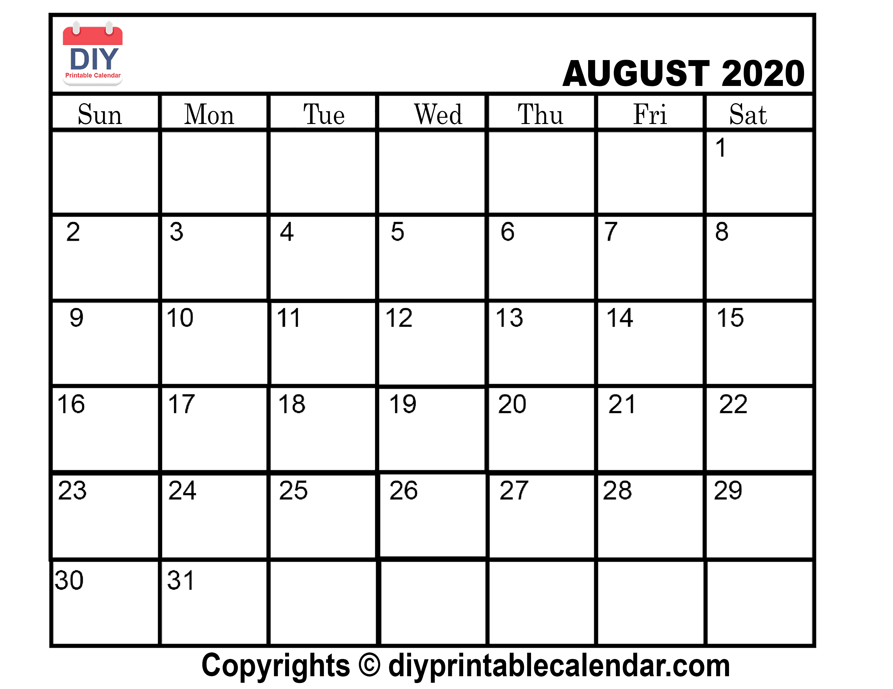 August 2020 Printable Calendar Template