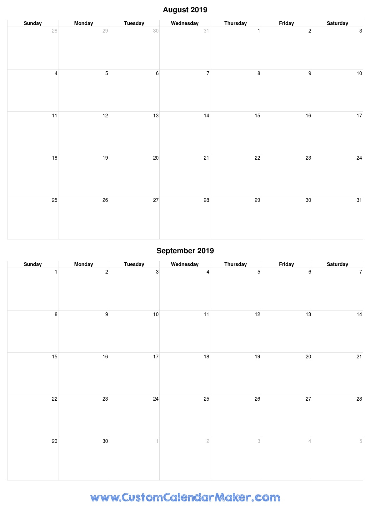 August To December 2019 Printable Calendar