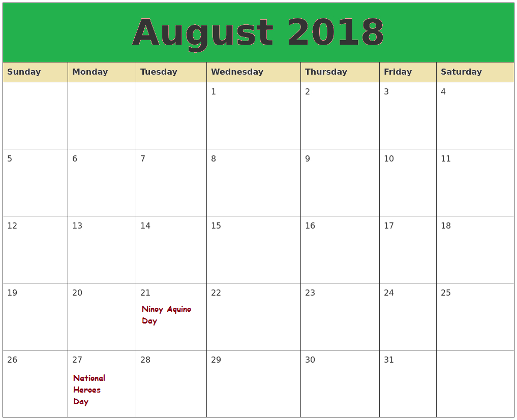 August Calendar 2018 Philippines - Free Printable Template