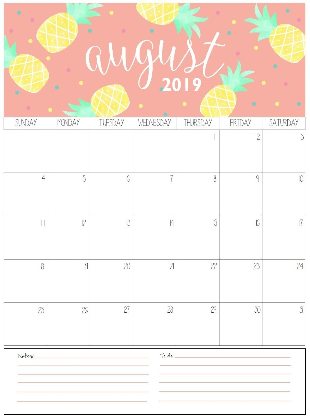 August Monthly Calendar 2019 | Organization | August