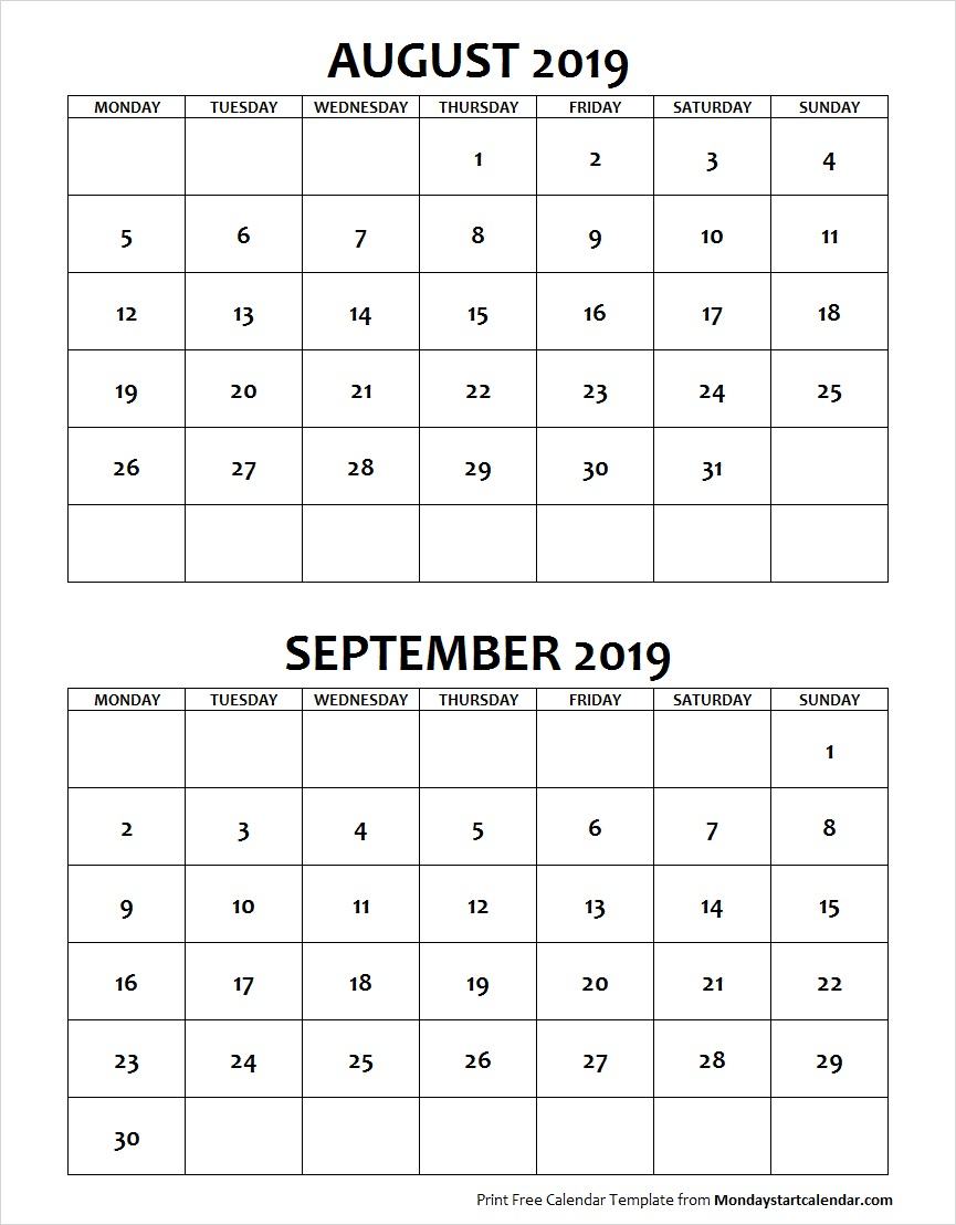 August September 2019 Calendar Monday Start | Two Months
