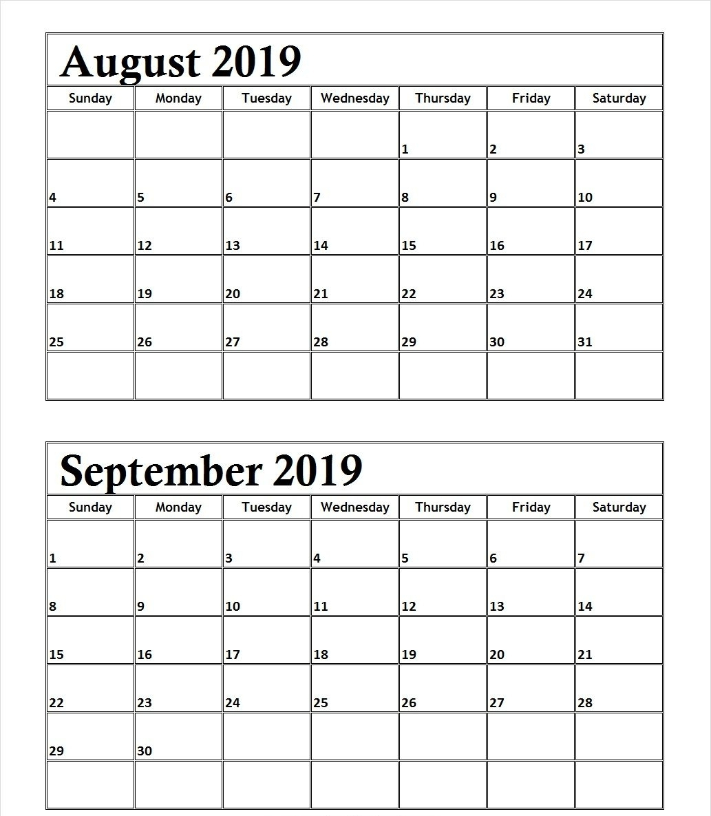 August September 2019 Calendar Printable Template