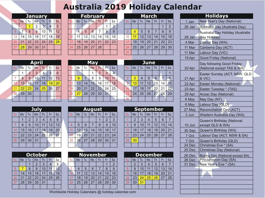 2020 Calendars To Print With Australian Public Holiday Example