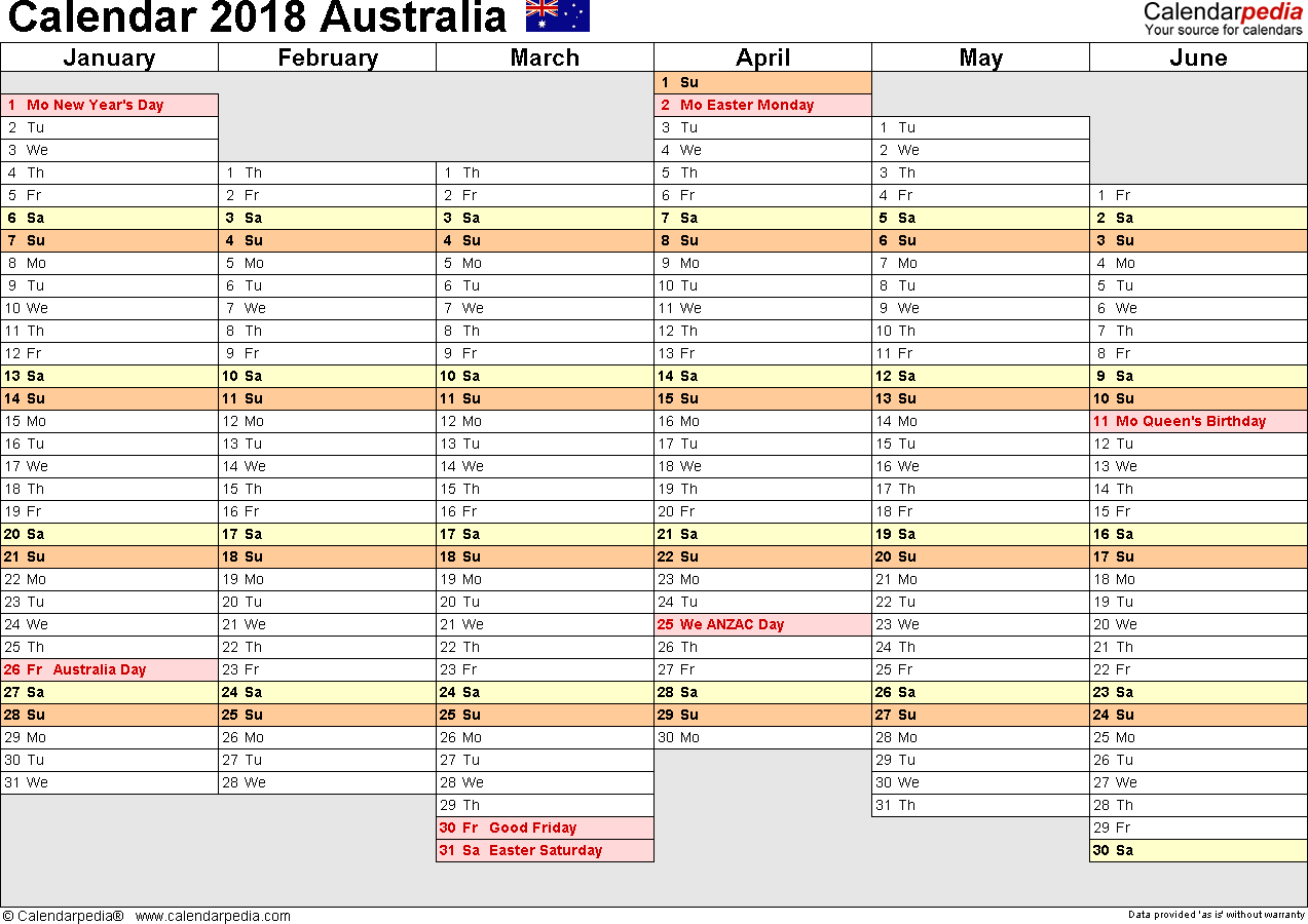 Australia Calendar 2018 - Free Printable Excel Templates