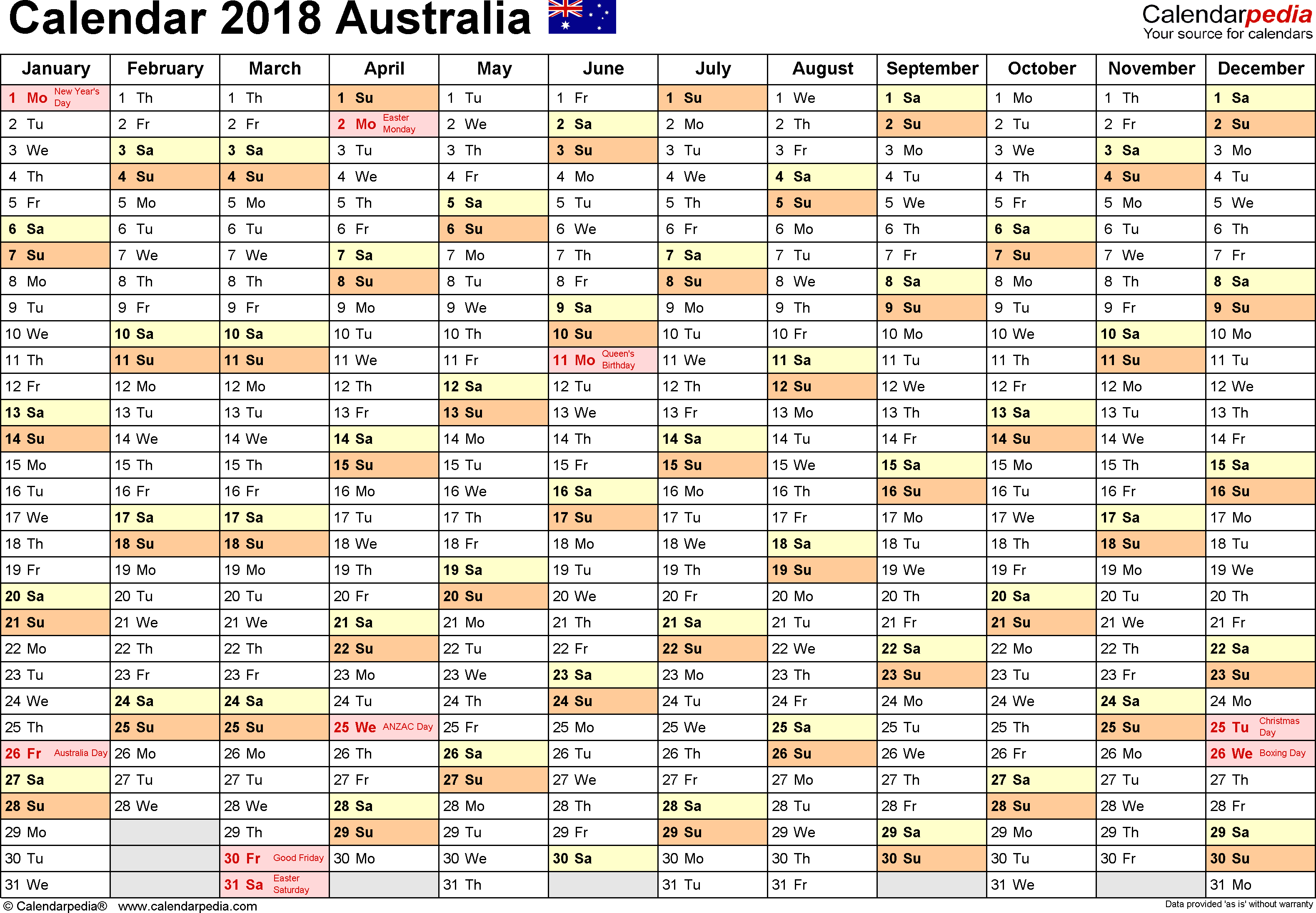 Australia Calendar 2018 - Free Printable Excel Templates