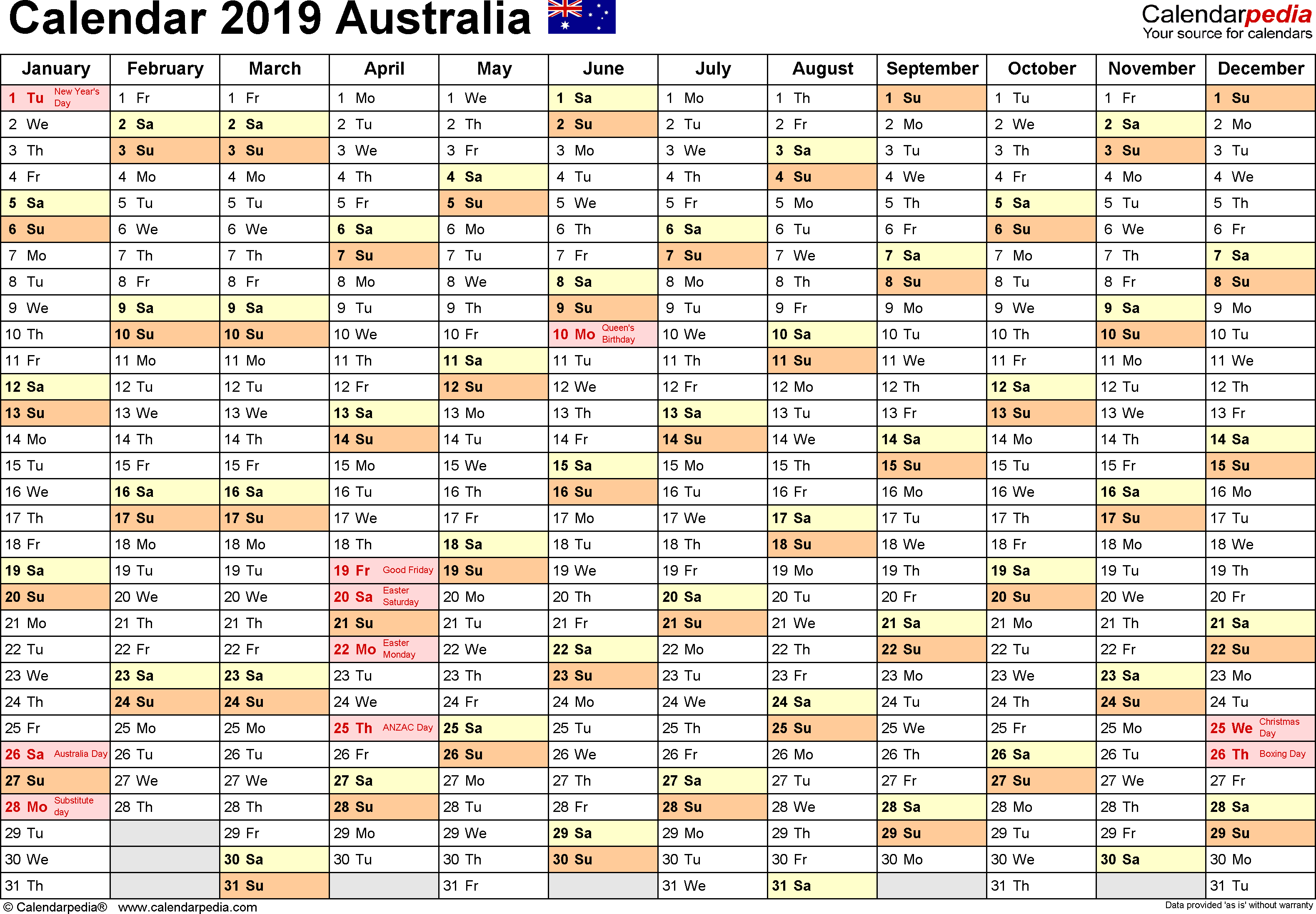 Australia Calendar 2019 - Free Printable Pdf Templates