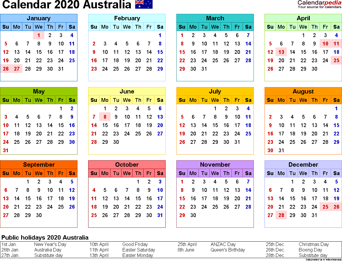 Australia Calendar 2020 - Free Word Calendar Templates