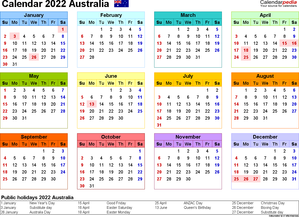 Australia Calendar 2022 - Free Printable Pdf Templates