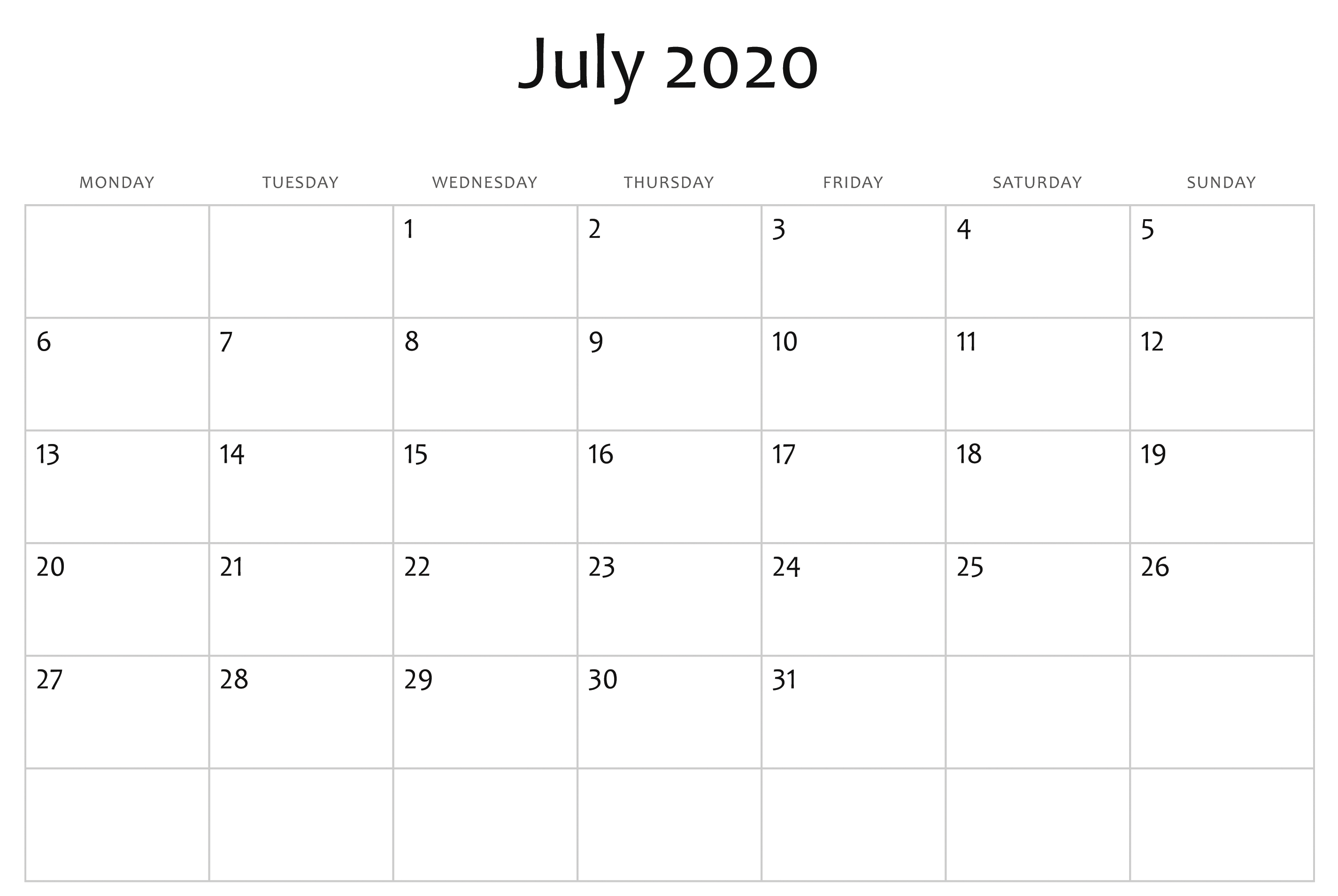 Awesome July 2020 Calendar Pdf, Word, Excel Template