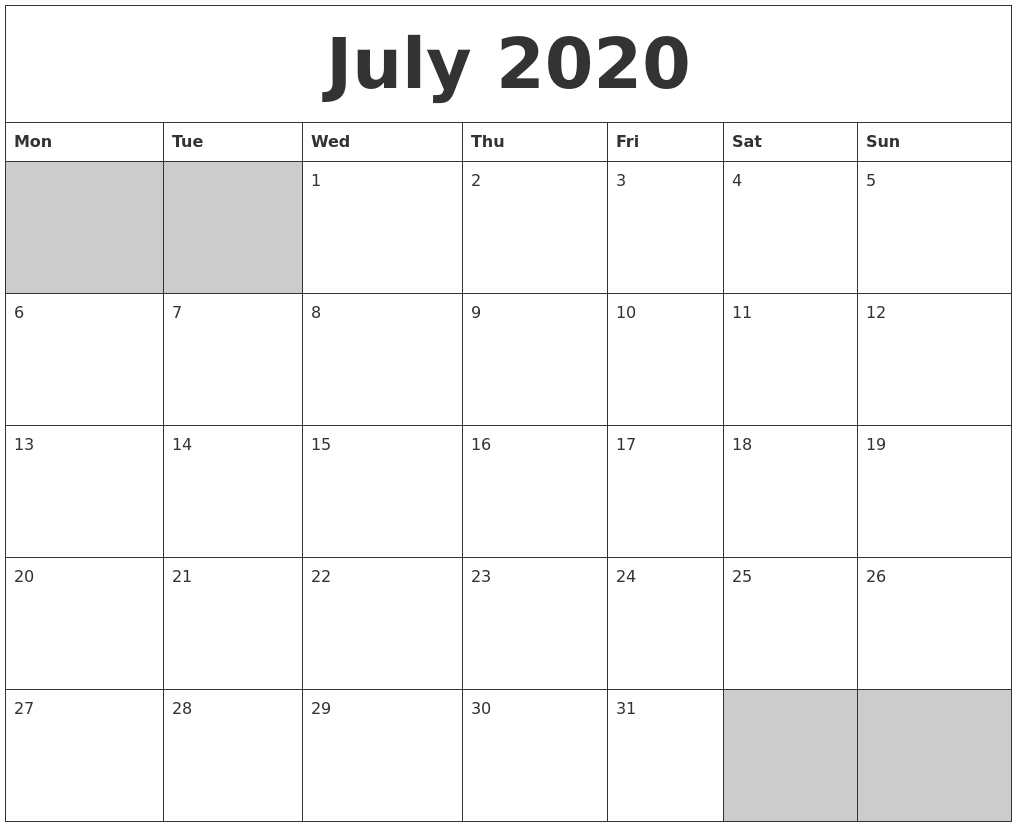 Awesome July 2020 Calendar Pdf, Word, Excel Template