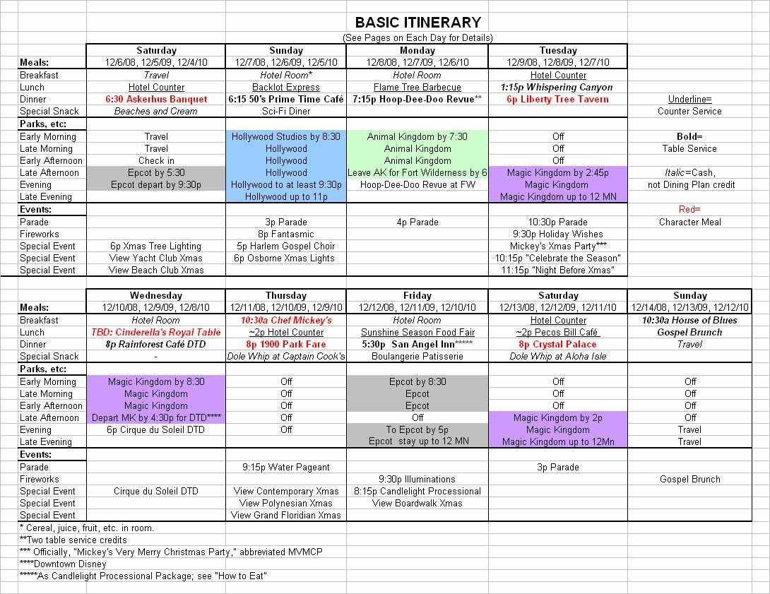 Disney Events Planning Spreadsheet December 2019 Example Calendar 