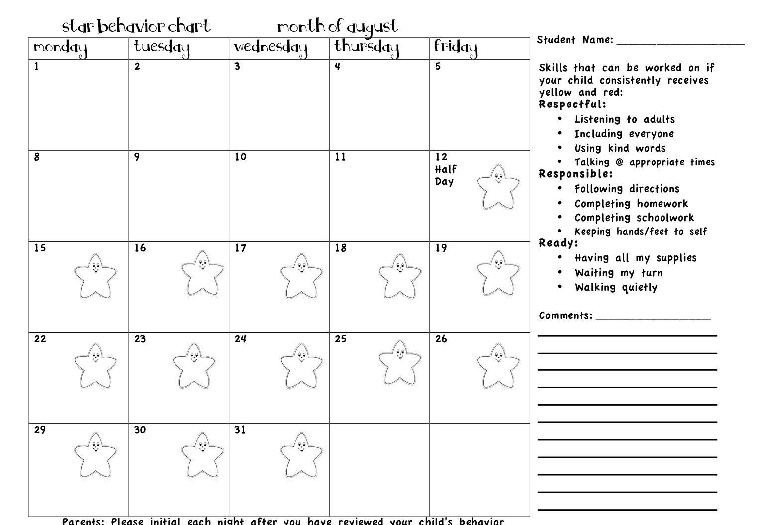 Monthly Behavior Calendar Template