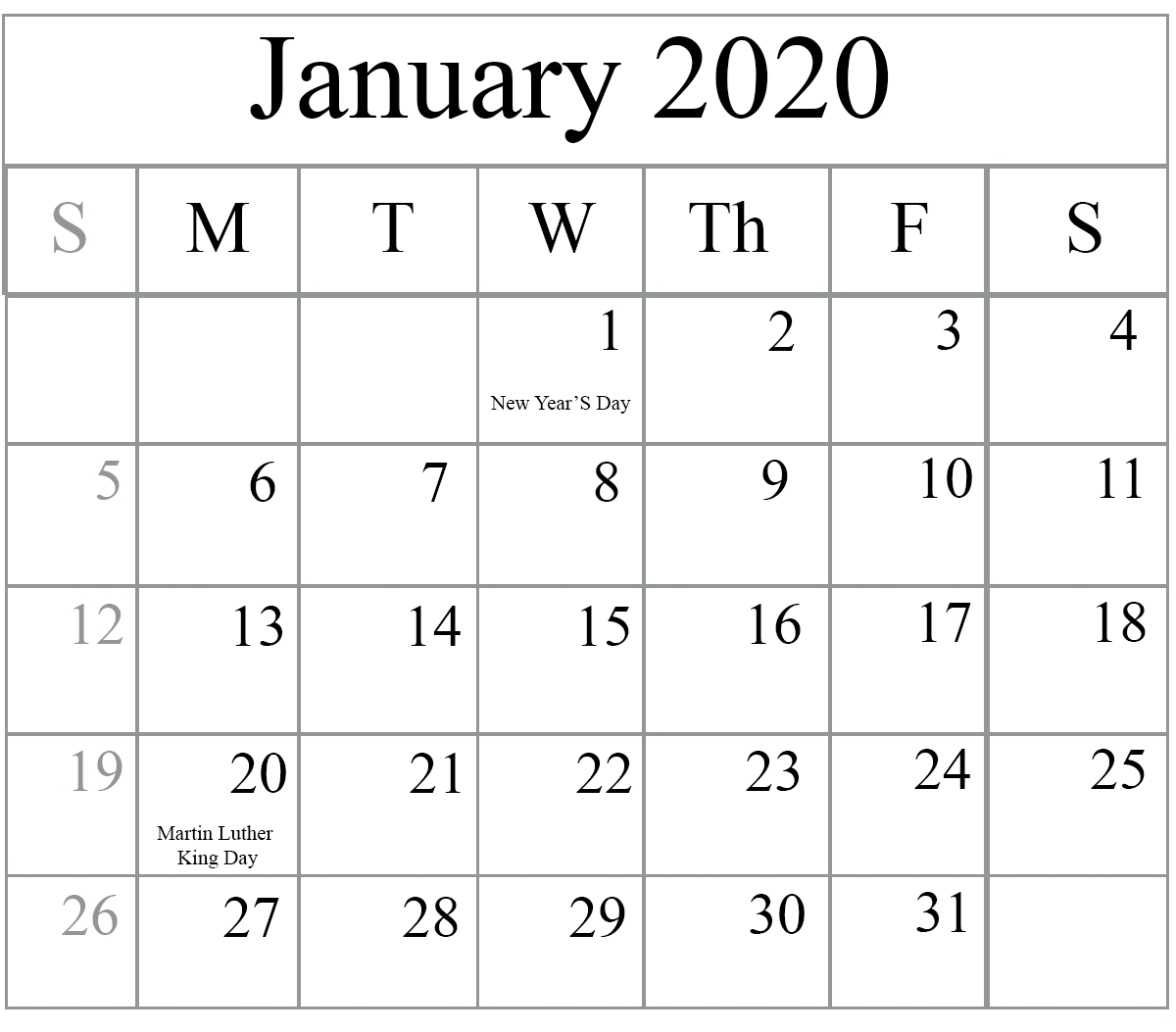 Best 2020 January Calendar With Holidays Printable