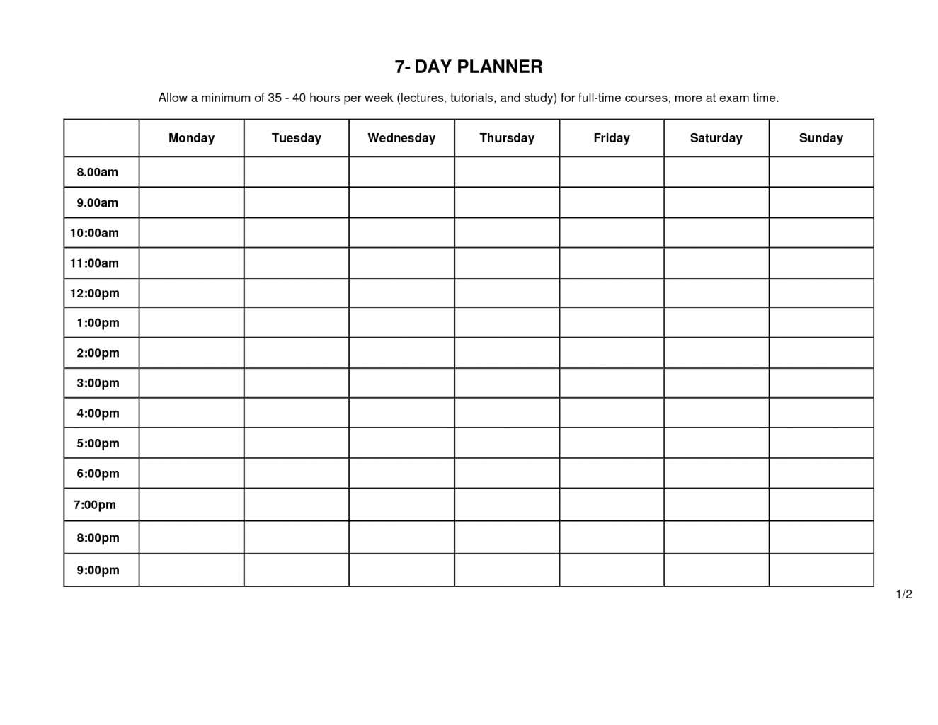 monday through friday schedule template example calendar printable