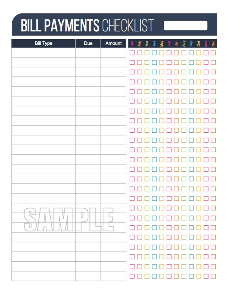 Bill Payment Checklist Printable - Fillable - Personal Finance Organizing  Pdf - Instant Download