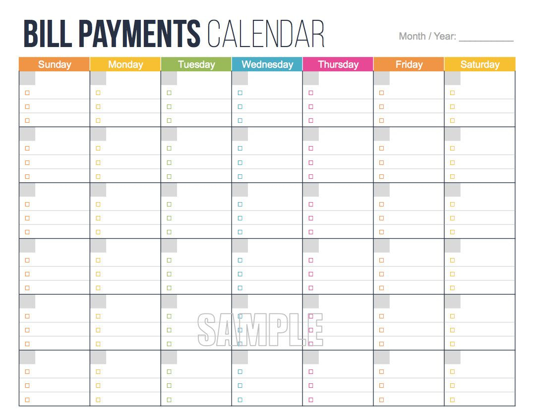 Bill Payments Calendar - Personal Finance Organizing