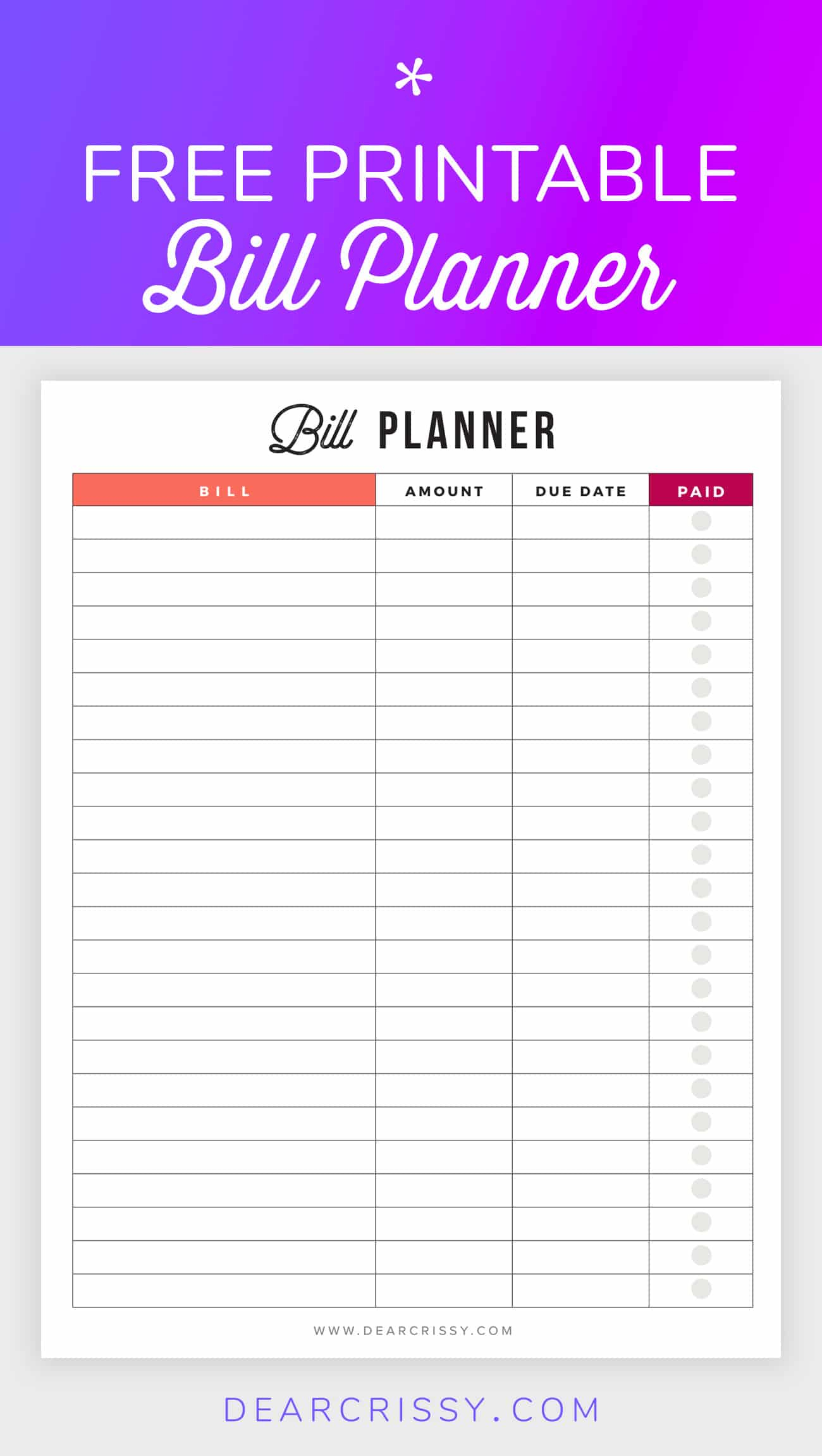 list of monthly bills template