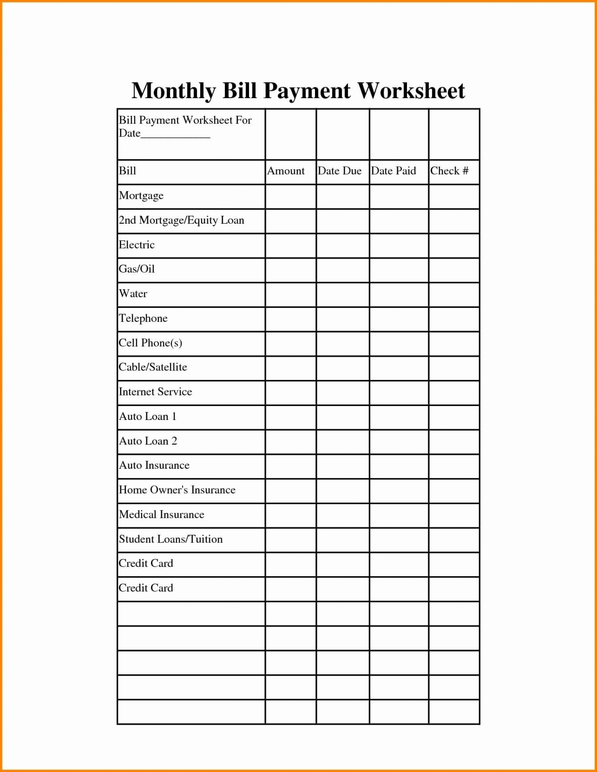 List Of Bills Template Printable Free