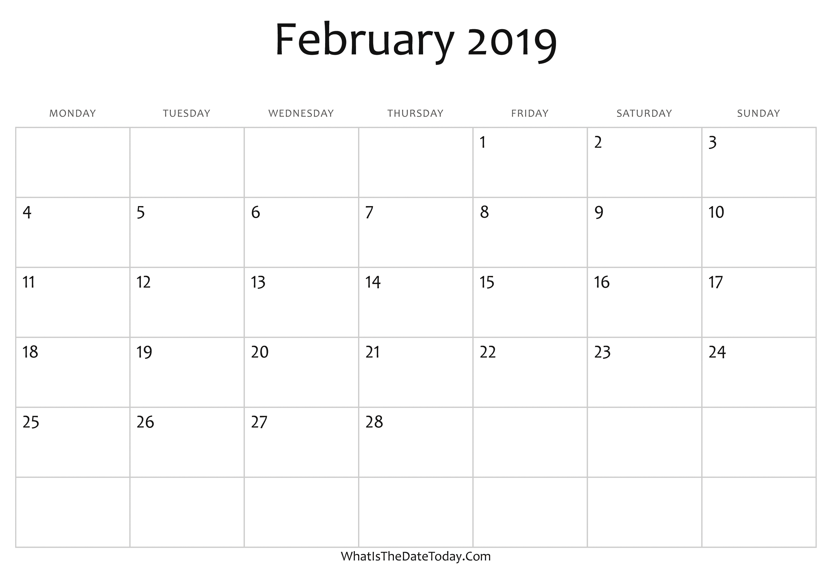 Blank 2019 February Calendar Printable | Free Printable