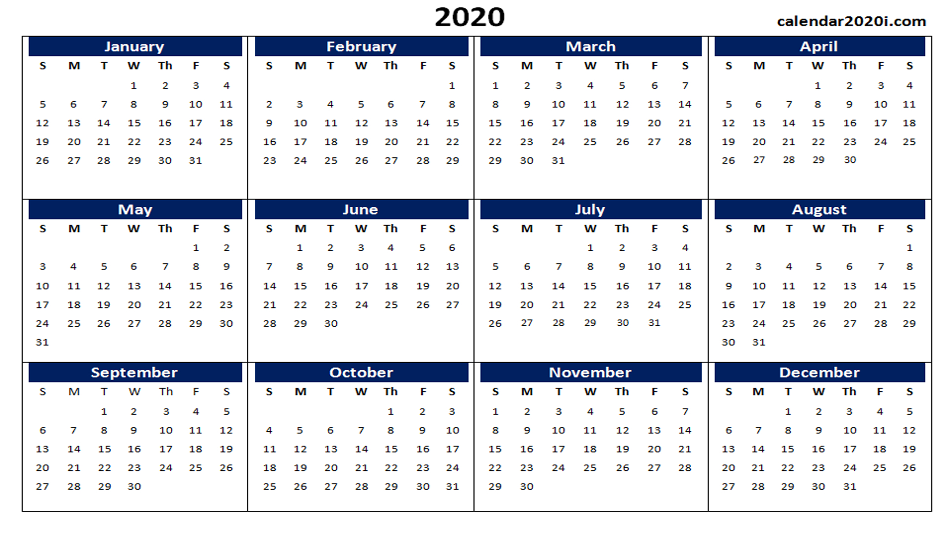 Blank 2020 Calendar Template | Example Calendar Printable