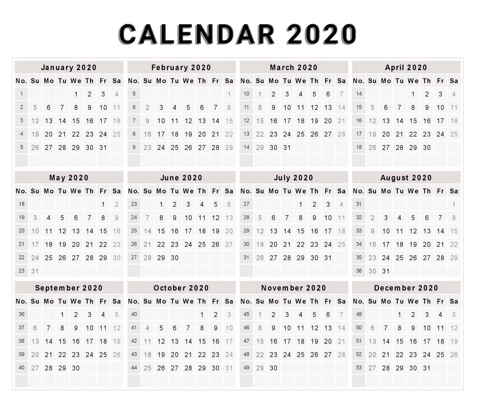 Blank 2020 One Page Calendar Printable | 2020 Calendars