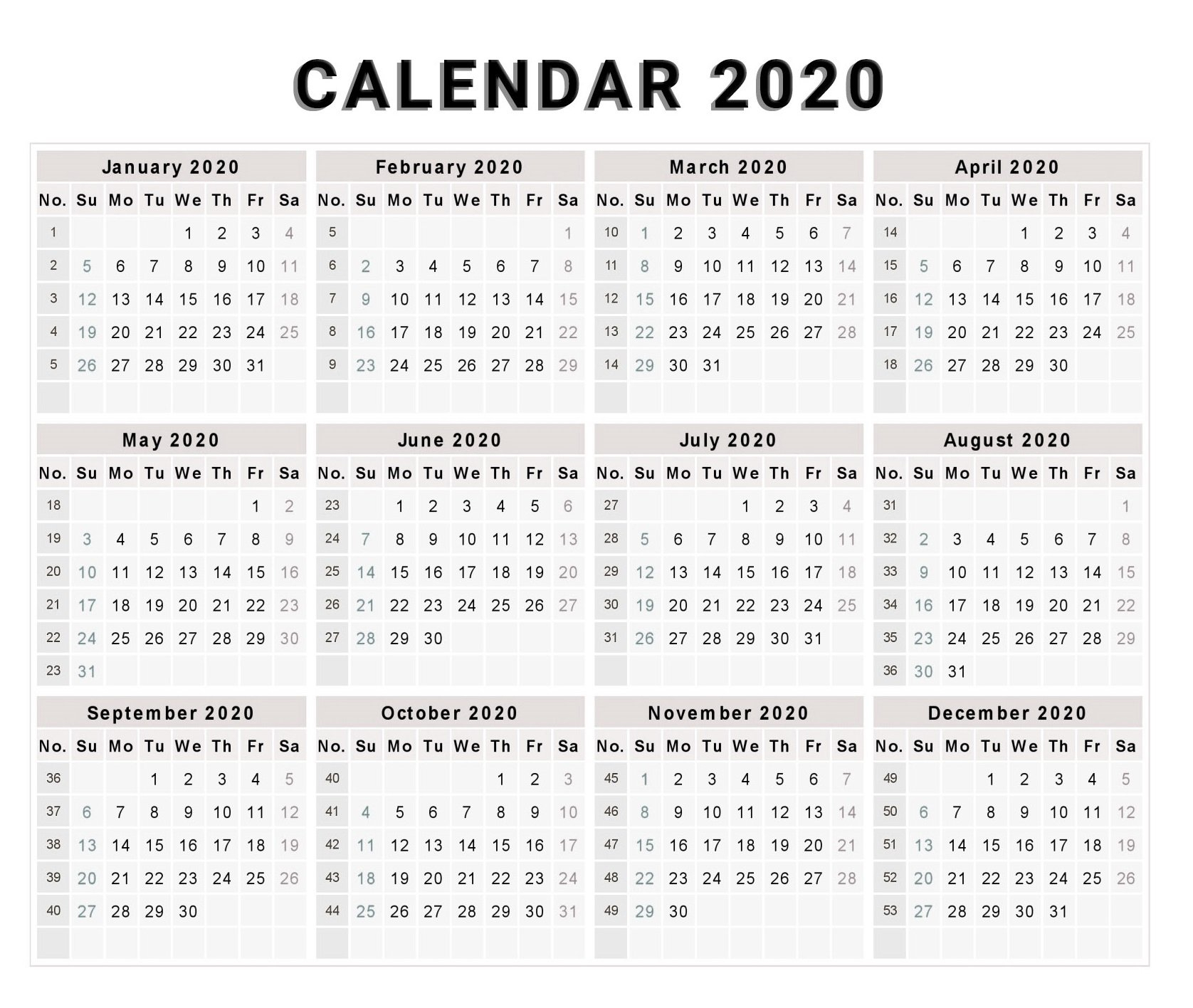 Blank 2020 One Page Calendar Printable - Free Printable