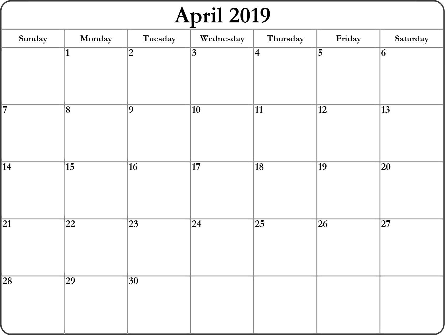 Blank April 2019 Calendar #full Page #tumblr #linkedin