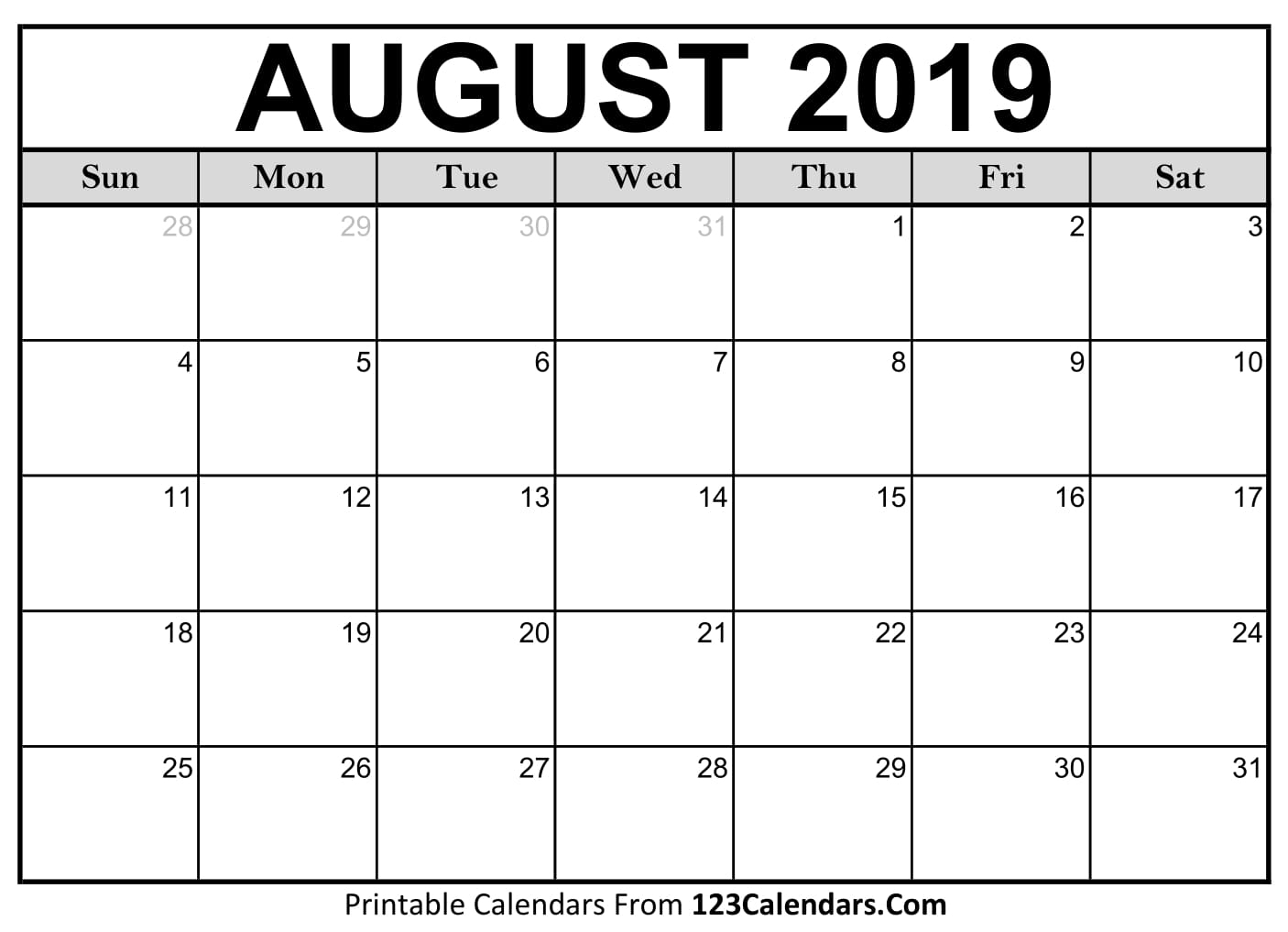 Blank August 2019 Calendar - Easily Printable - 123Calendars