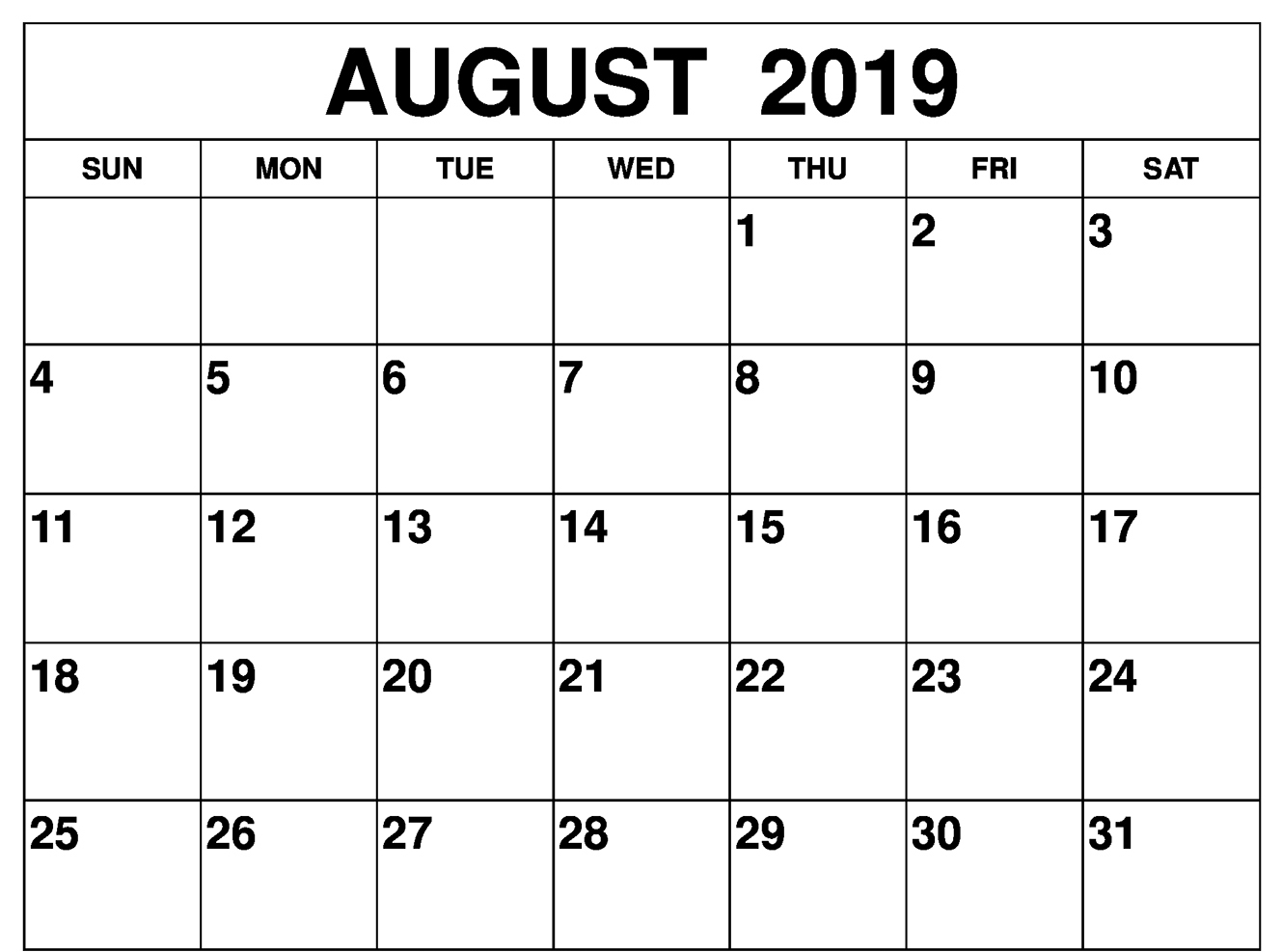 Blank August 2019 Calendar - Free August 2019 Calendar