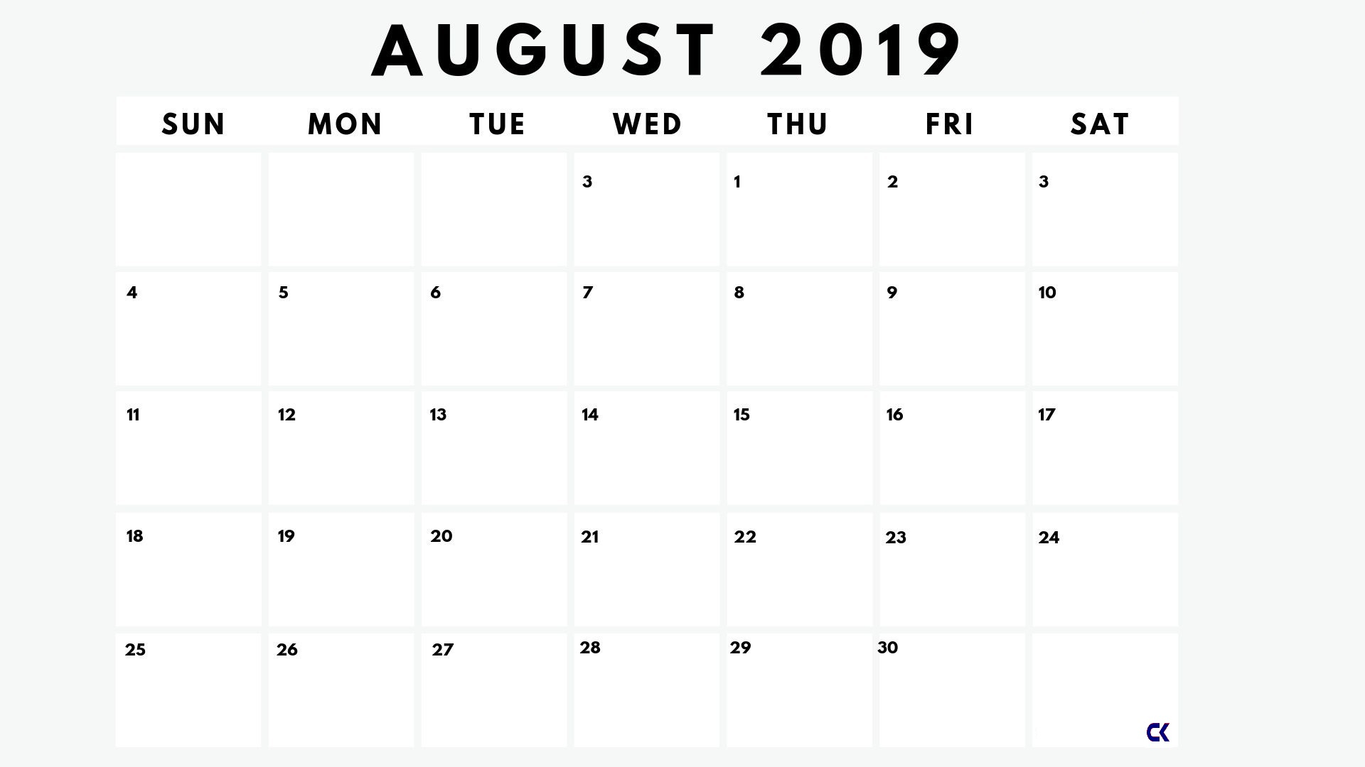 Blank August 2019 Calendar Pdf Template - Calendar-Kart