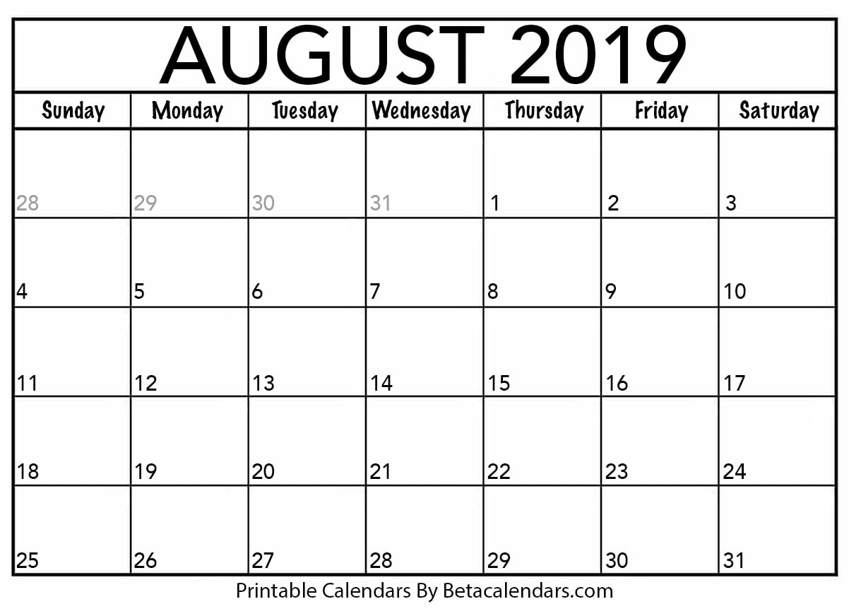 Blank August 2019 Calendar Printable - Beta Calendars