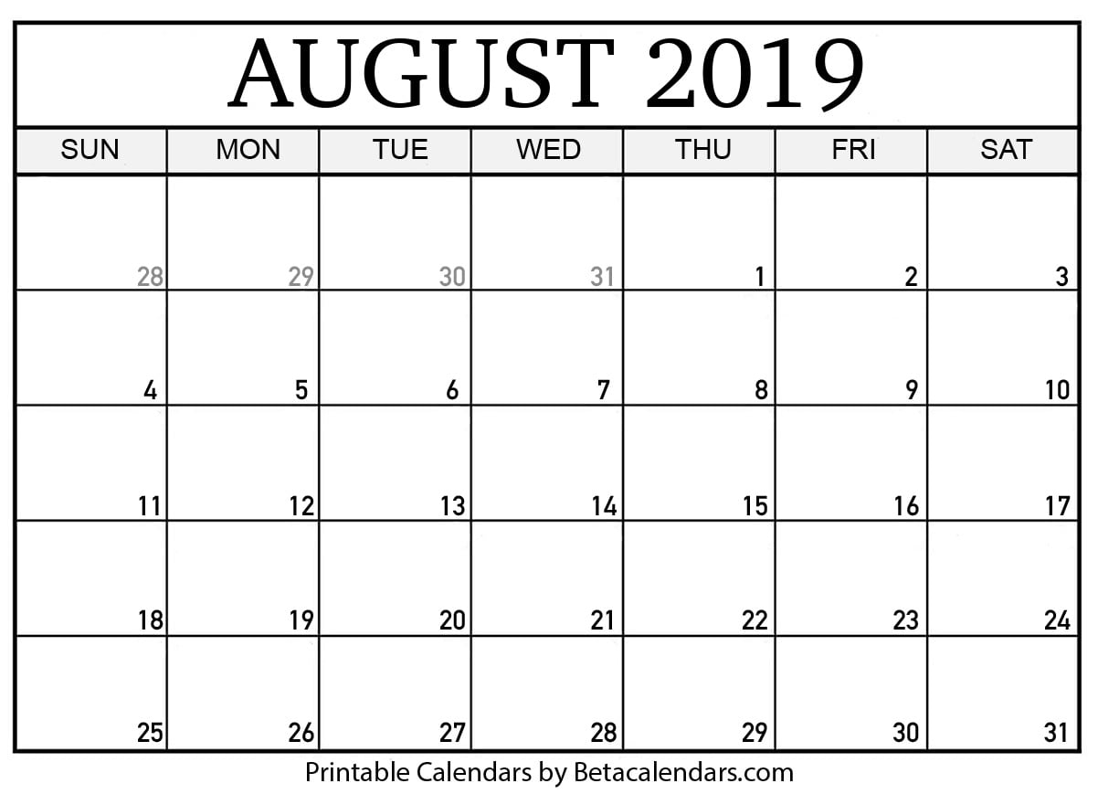Blank August 2019 Calendar Printable - Beta Calendars