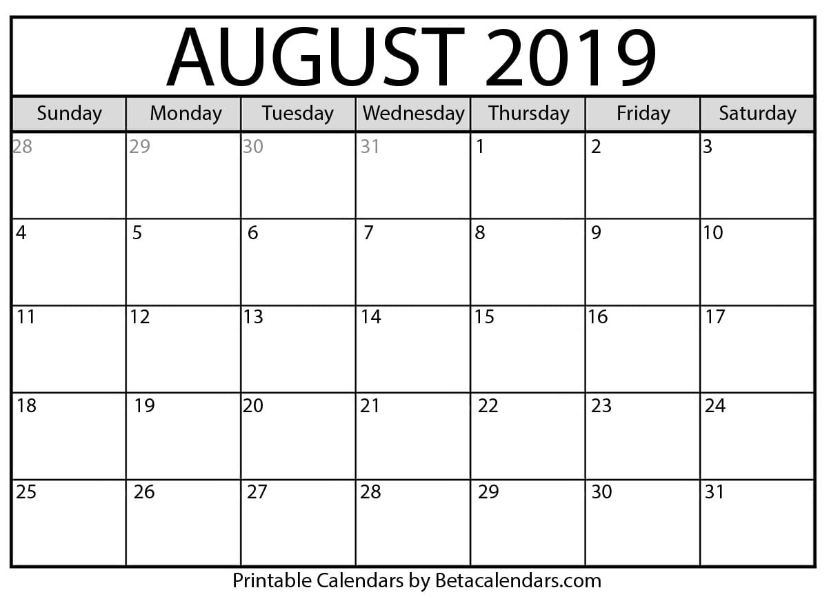 Blank August 2019 Calendar Printable - Beta Calendars