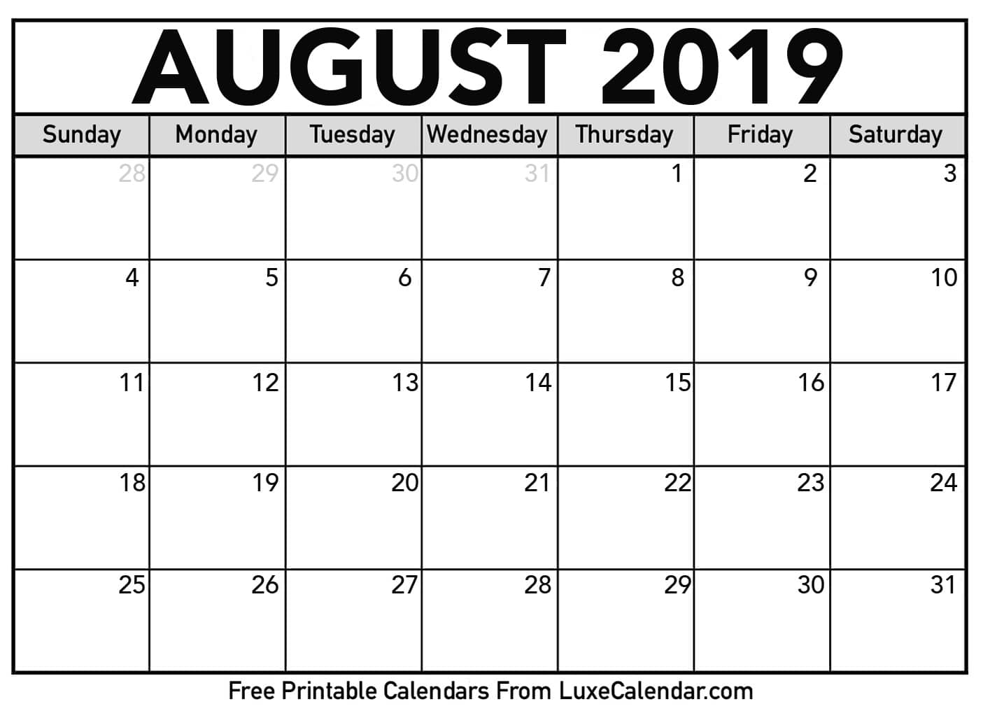 Blank August 2019 Calendar Printable - Luxe Calendar