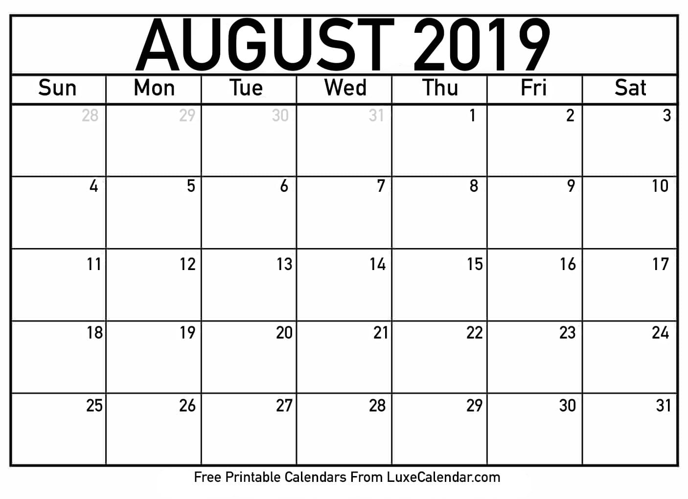 Blank August 2019 Calendar Printable - Luxe Calendar