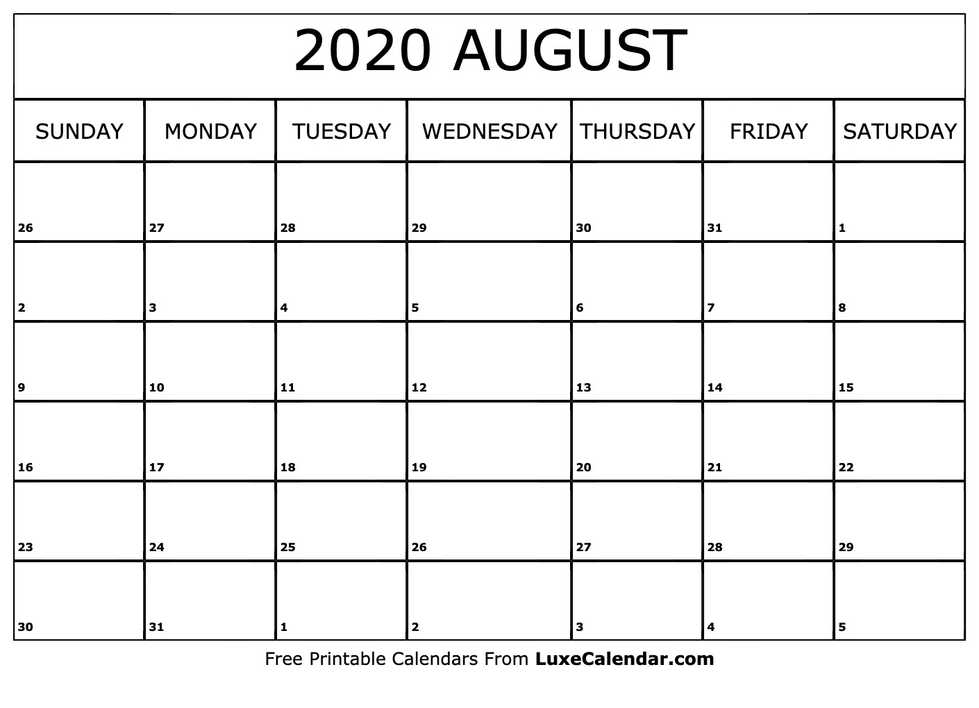 Blank August 2020 Calendar Printable - Luxe Calendar