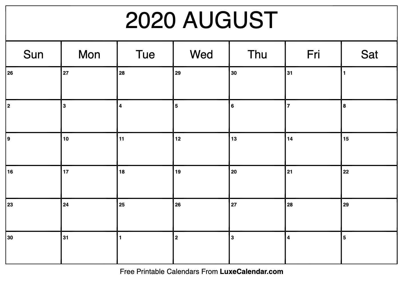 Blank August 2020 Calendar Printable - Luxe Calendar