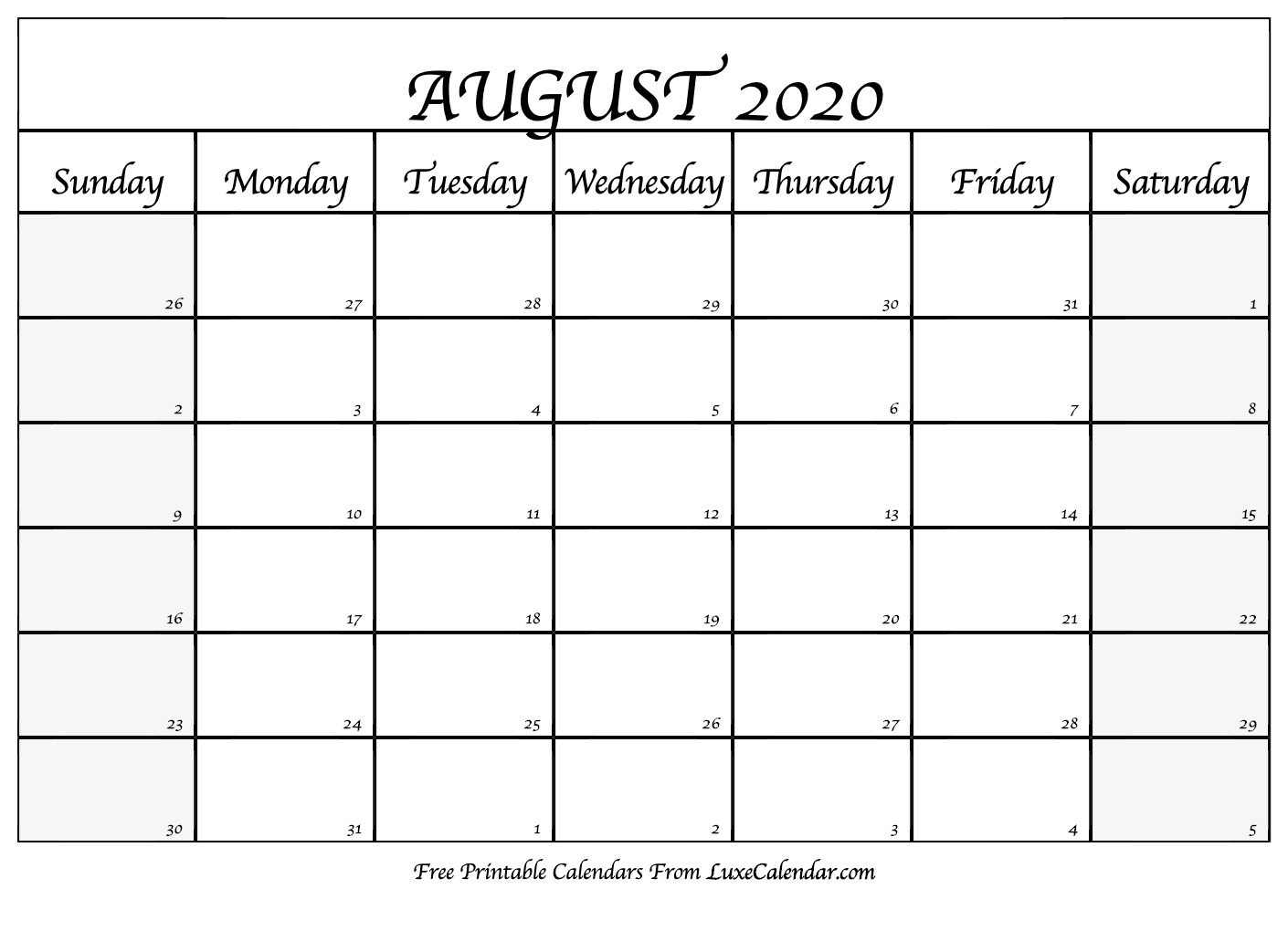 Blank August 2020 Calendar Printable - Luxe Calendar