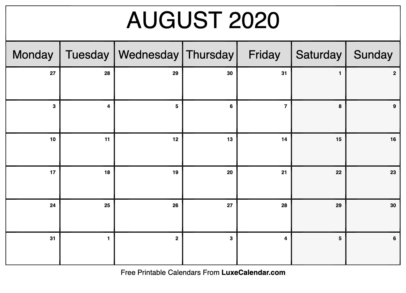 Blank August 2020 Calendar Printable - Luxe Calendar