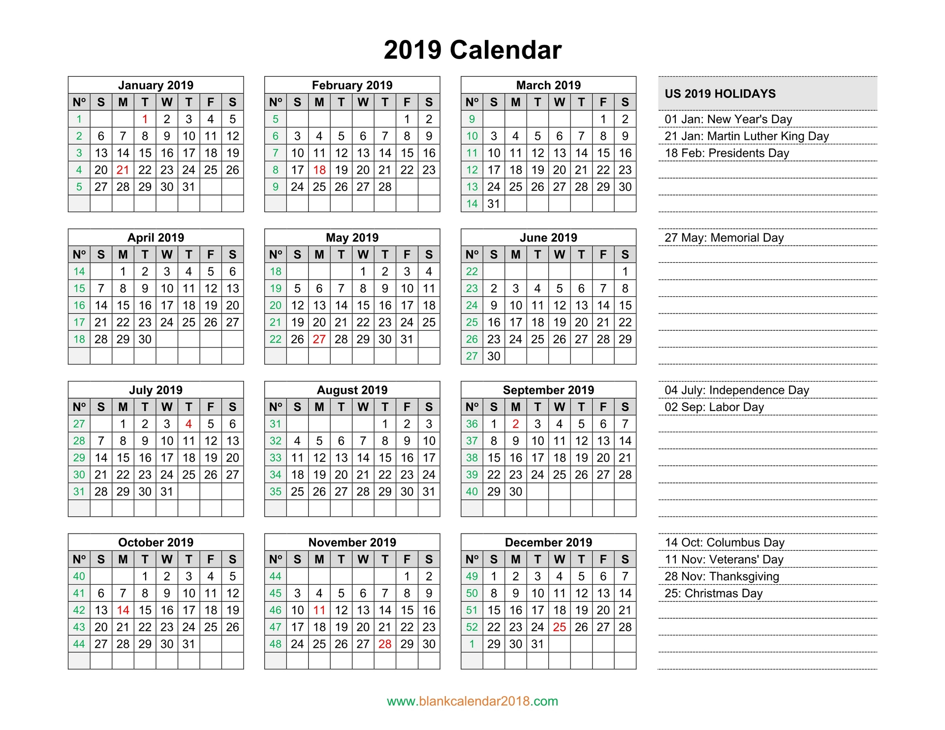 Blank Calendar Template With Space For Memo And Notes Printable ...