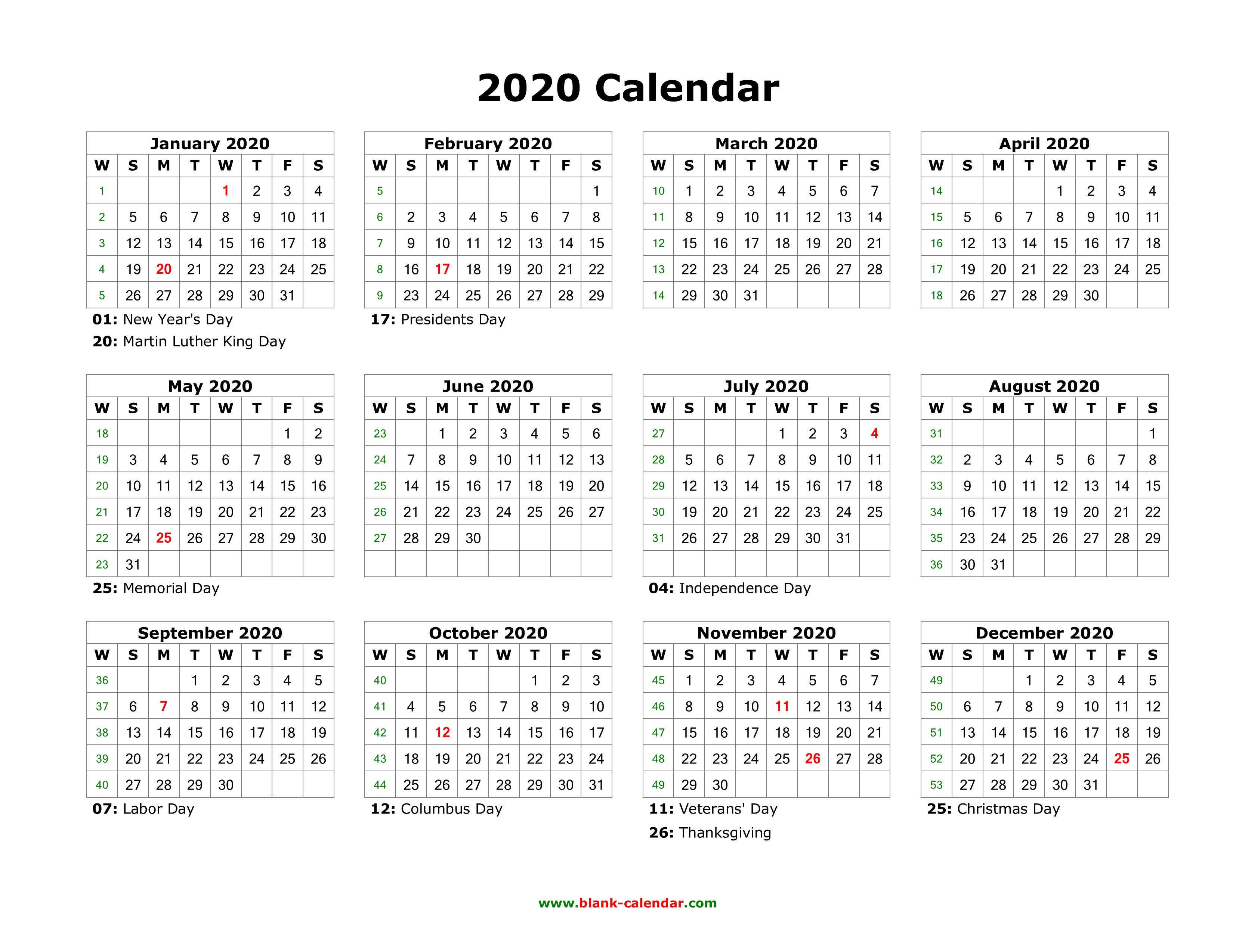 Printable 4 Page 12 Month Calendar 2020