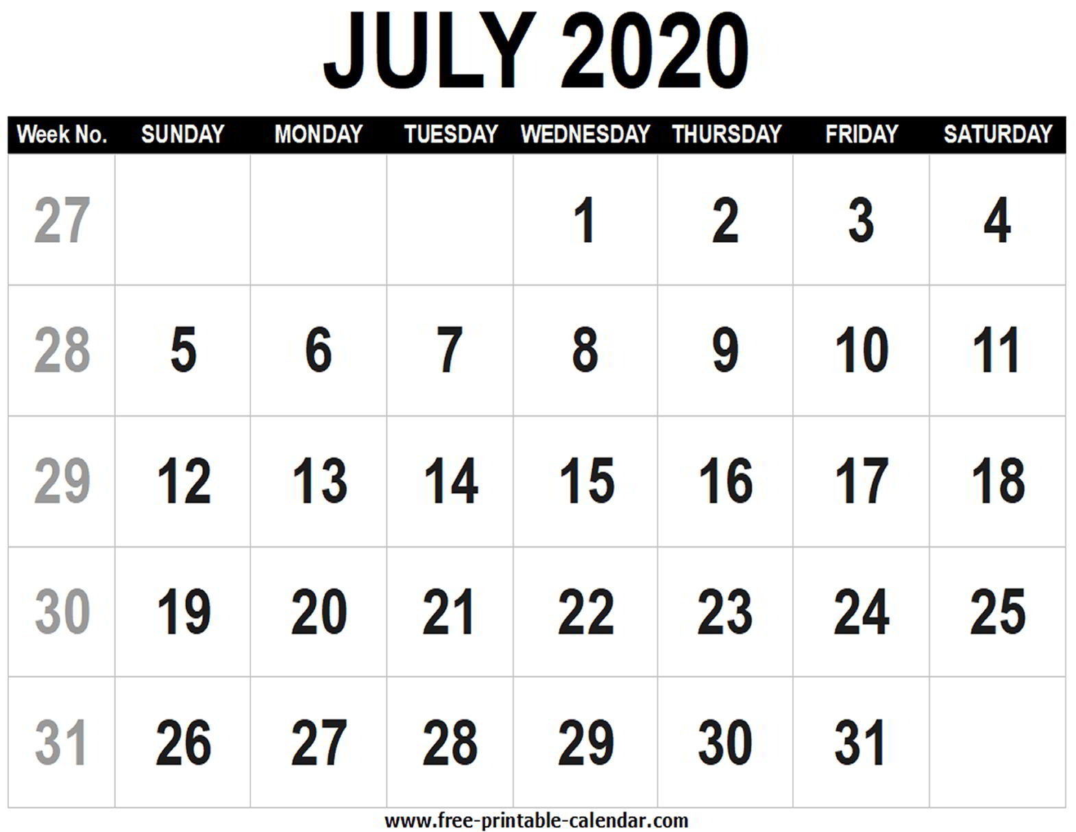 Blank Calendar 2020 July - Free-Printable-Calendar