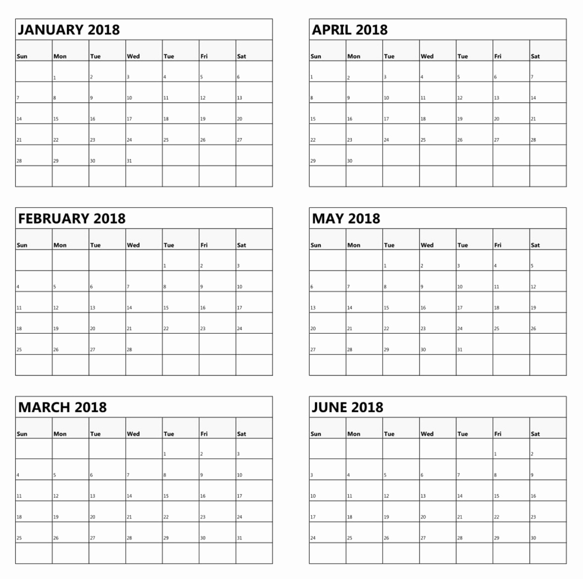 Blank Calendar 6 Months | One Page Calendar Printable