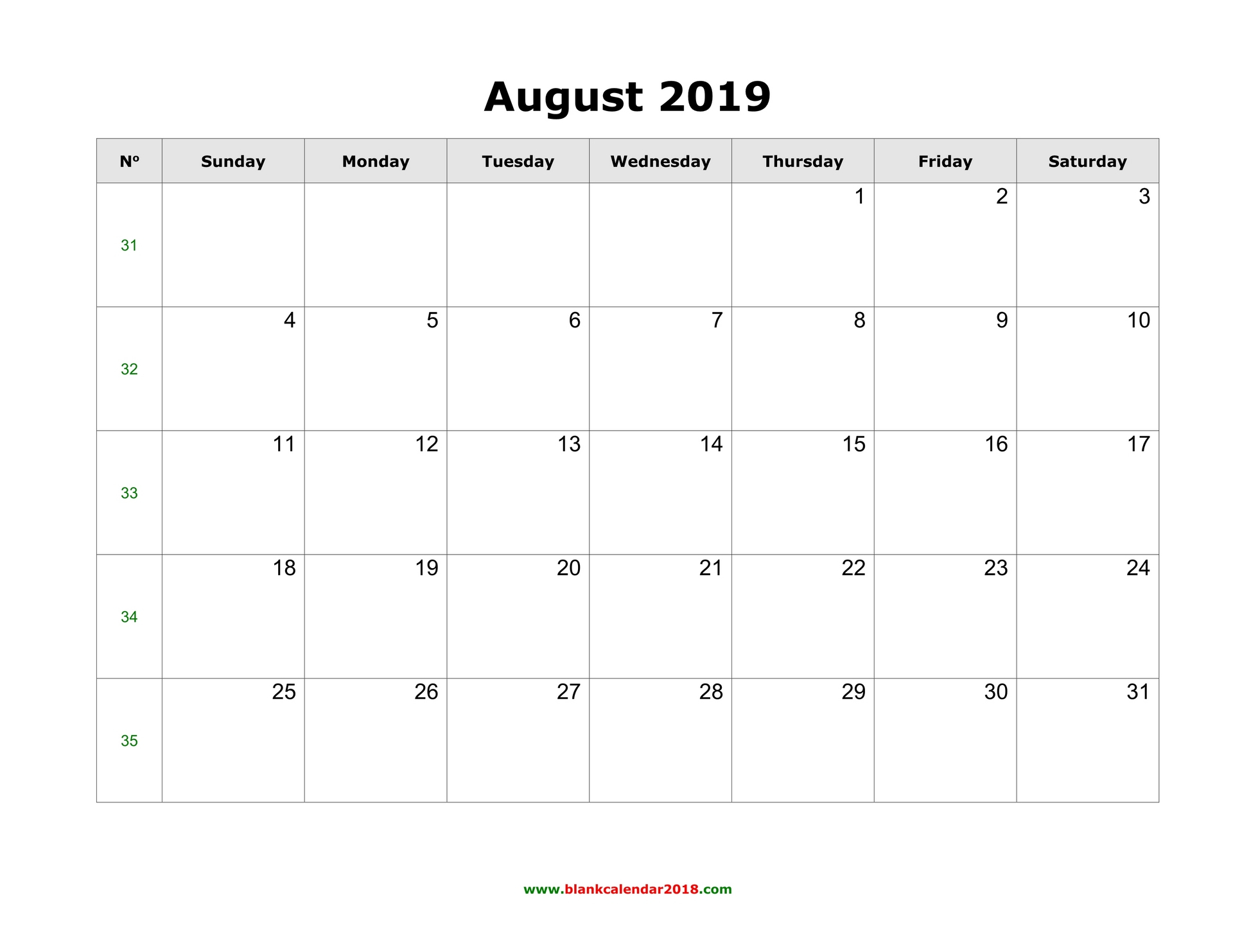 Blank Calendar For August 2019